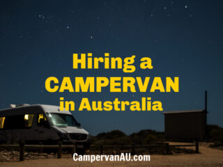 Campervan parked at rest stop at night with text overlay: Hiring a campervan in Australia.