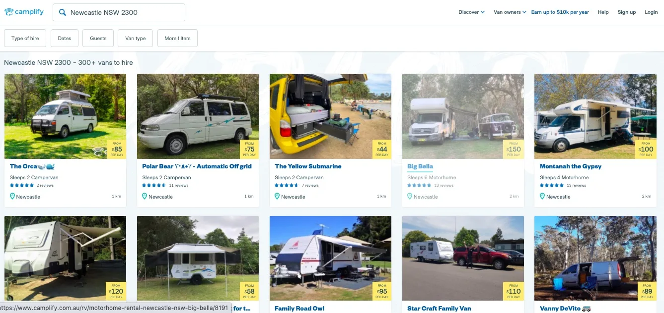 Screenshot of various campervans that can be hired on camplify.com.au.