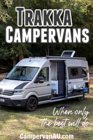 Sliver campervan set up for camping. Text overlay: Trakka campervans - when only the best will do