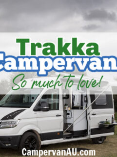 White campervan in a green field with text overlay: Trakka Campervan - so much to love