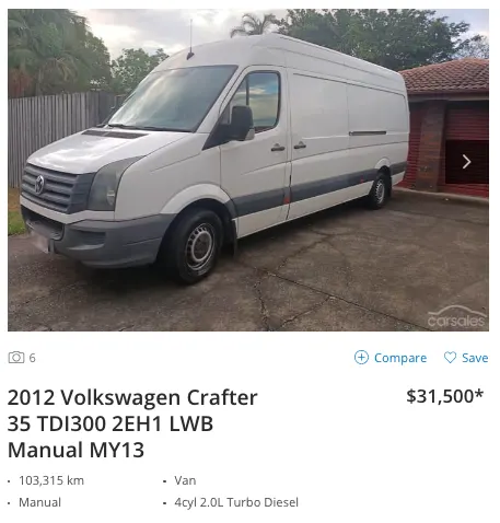 Screenshot of ad for a used Volkswagen Crafter van for sale in Australia