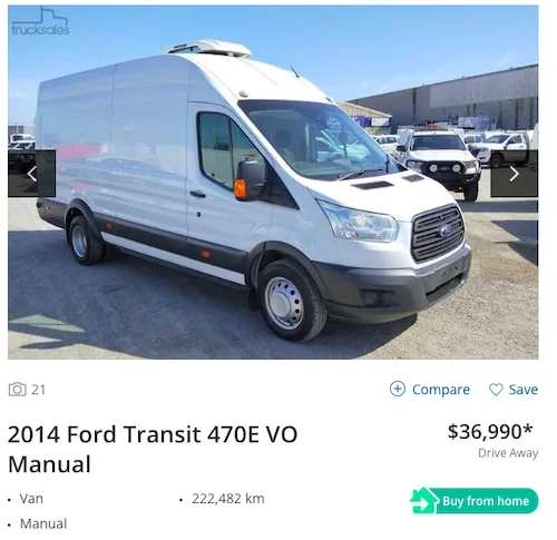 Screenshot of an ad for a white, used Ford Transit van in Australia