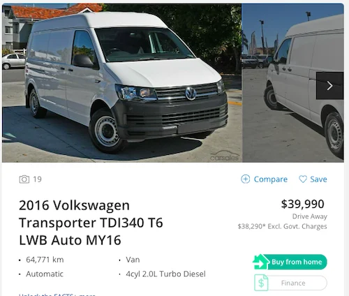 Screenshot of ad for used Volkswagen Transporter van
