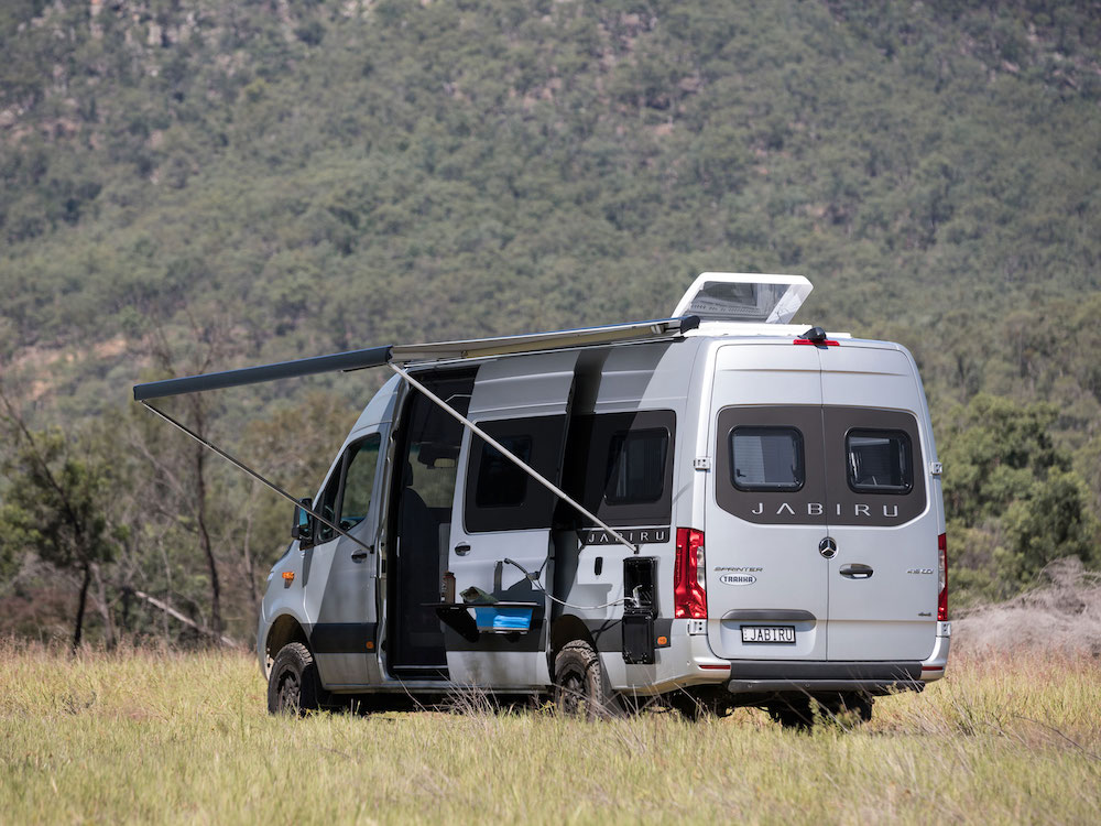 Outside view of the Trakka Jabiru campervan showing the rear and passenger side