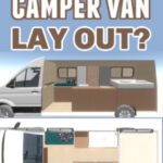 CAD floor plan and side view of possible camper van layout, with text: Designing your own camper van layout?