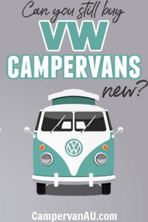Drawing of mint coloured VW kombi campervan, with text overlay: Can you still buy VW campervans new?