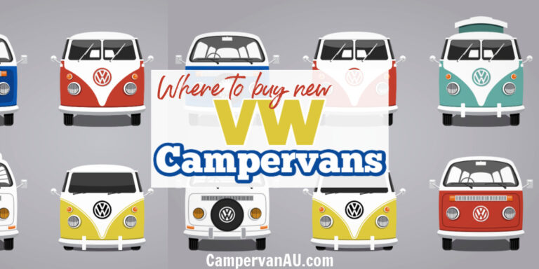 Drawings of various VW vans in different colours, with text overlay: Where to buy new VW campervans