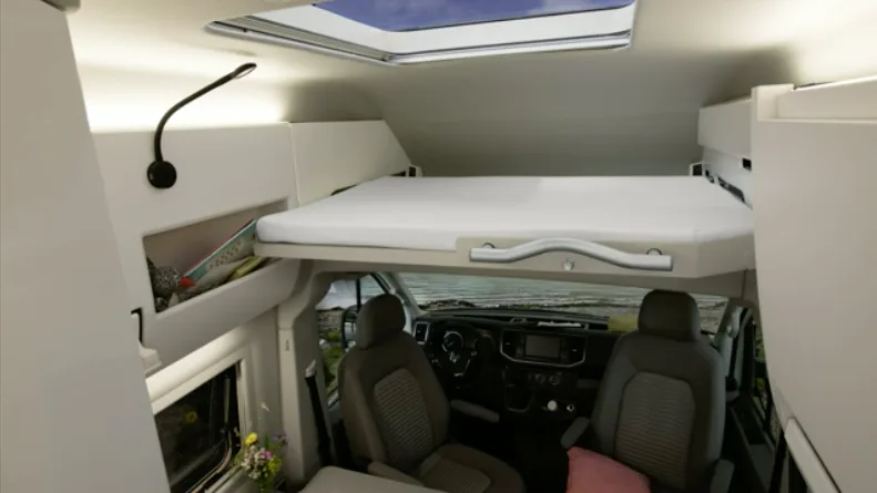 Partially opened loft bed of the VW Grand California 600 campervan.