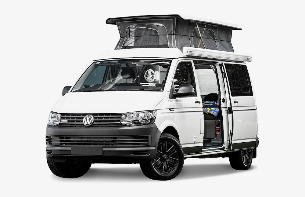 White campervan with pop-top roof