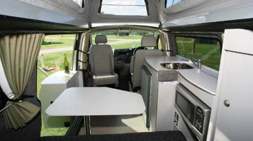 Interior of VW campervan looking towards the front