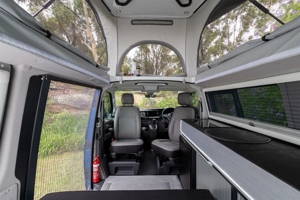 Interior of the Trakka Trakkadu VW campervan conversion looking towards the front