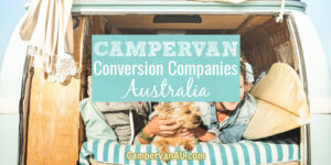 Couple and a dog in the back of a campervan, with text overlay: Campervan conversion companies Australia.