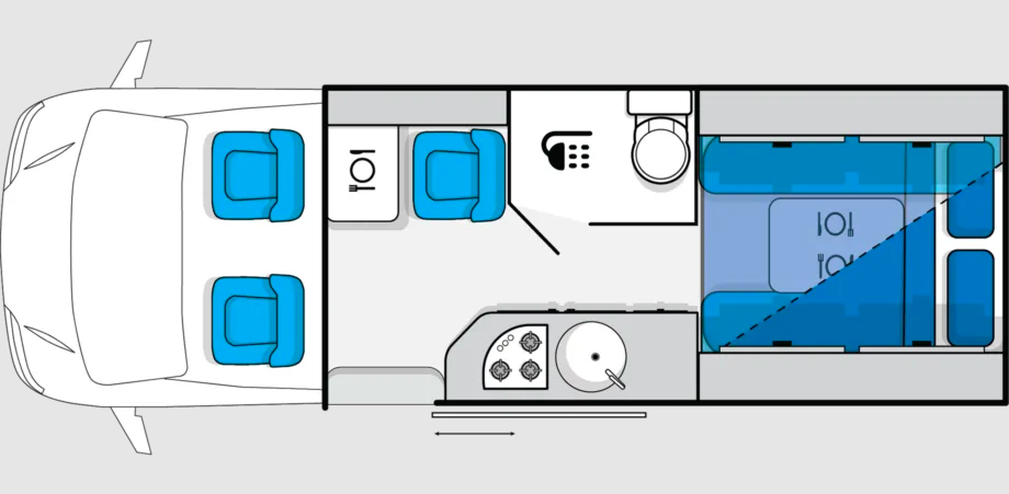 Floor plan of the Jayco All Terrain offroad camper van.