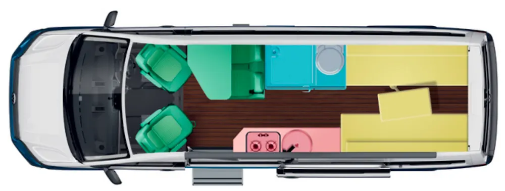 Floor plan of the VW Krafter campervan.