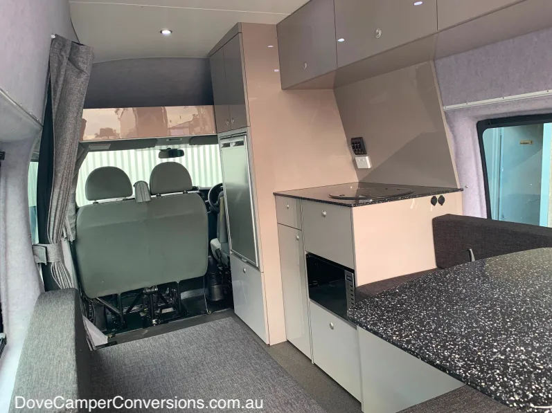 Class B van showing kitchen area.