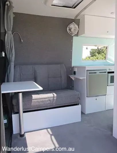 Sitting area of a campervan conversion.