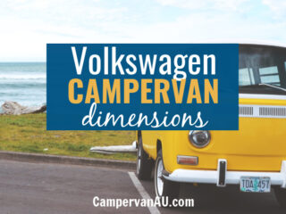 Yellow VW campervan parked at the beach, with text overlay: Volkswagen campervan dimensions.