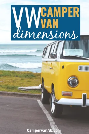 Yellow VW camper parked at the beach, with text overlay: VW camper van dimensions.