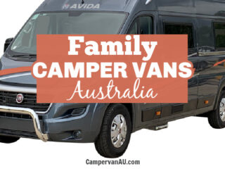 Grey campervan with text: Family camper vans Australia.