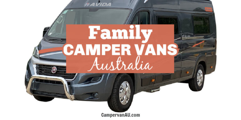 Grey campervan with text: Family camper vans Australia.