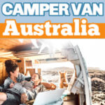 Couple relaxing in a campervan at the beach, with text: What is a camper van Australia.