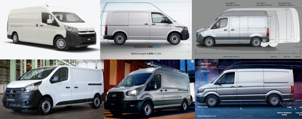 Collage of commercial vans that could be used to convert to a camper van.