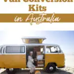 Woman sitting beside a converted VW campervan on the beach, with text: Where to find van conversion kits in Australia.