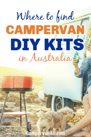 Camper van in a beach setting with text: Where to find campervan DIY kits in Australia.