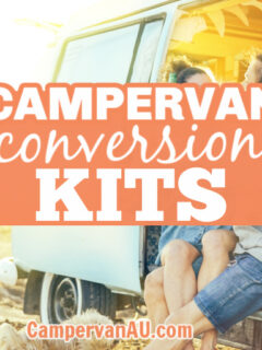 Couple sitting outside their vintage camper van, with text: Campervan conversion kits.