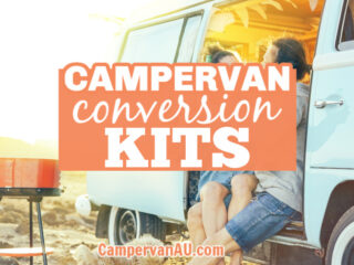 Couple sitting outside their vintage camper van, with text: Campervan conversion kits.