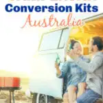 Camper van in a beach setting with text: DIY campervan conversion kits Australia.