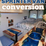 Interior of a converted campervan, with text: Bold & unique sprinter van conversion.