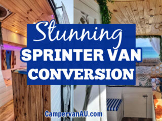 Interior views of a converted camper van with text: Stunning sprinter van conversion.