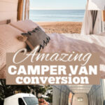 Cozy interior of a camper van, with text overlay: Amazing camper van conversion.