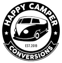 Black and white logo of Happy Camper Conversions  with VW van in the centre and the words in a circle around it.