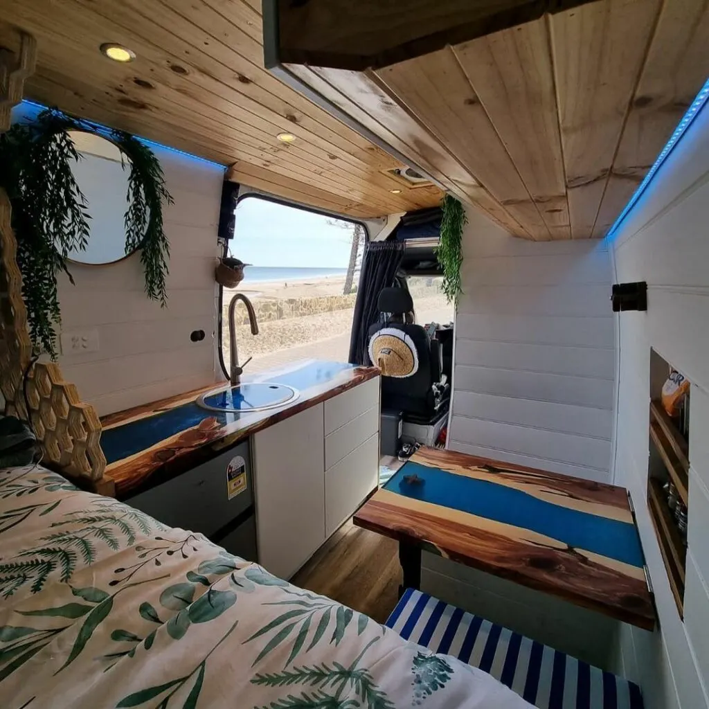 Lovely campervan interior decor as shown from the bed area.