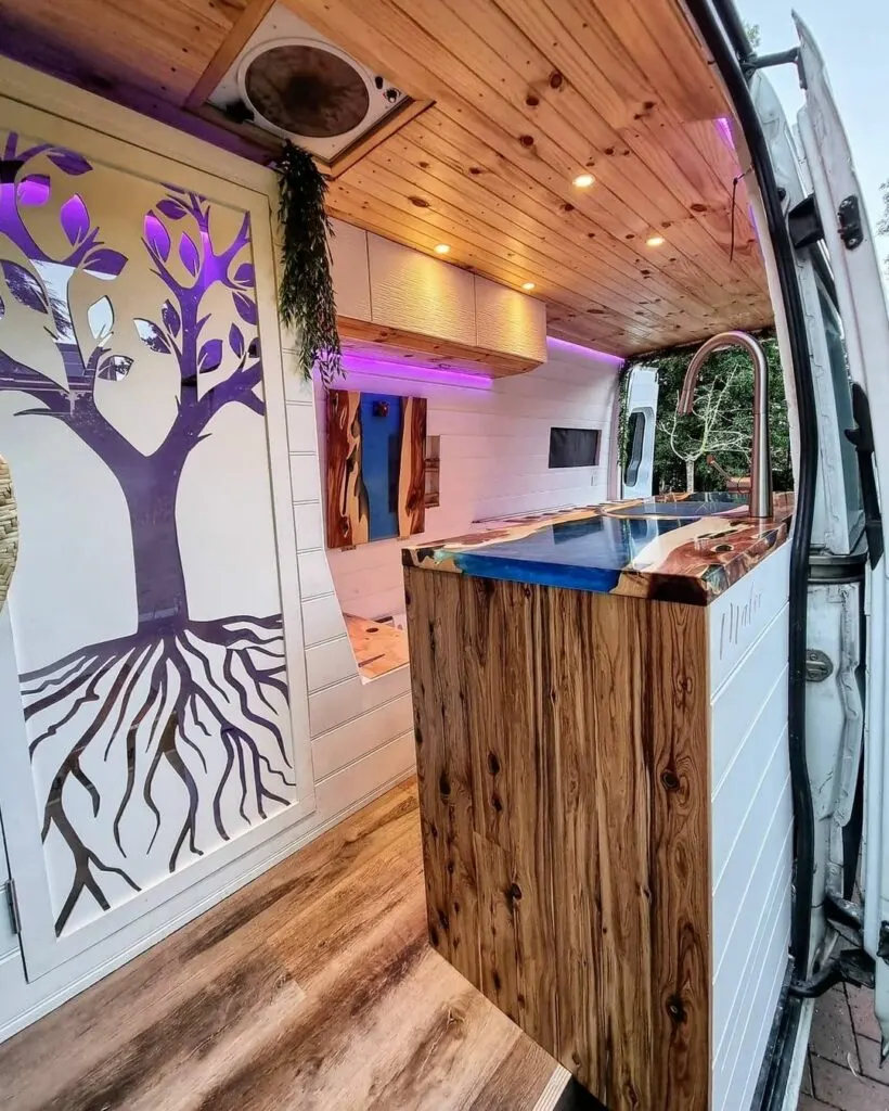 Interior of a converted campervan with unique and stunning interior decor.