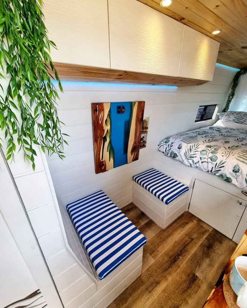 Converted camper van interior showing the dining area.