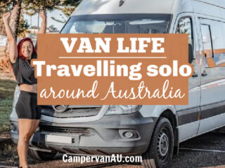 Woman standing beside a camper with text: Van life - travelling solo around Australia.