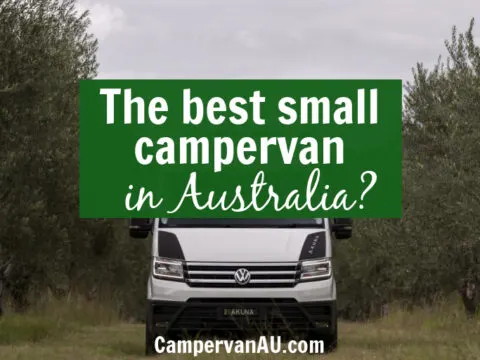 Front view of a white campervan with text overlay: the best small campervan in Australia.
