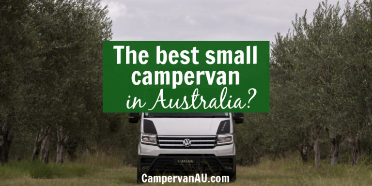 Front view of a white campervan with text overlay: the best small campervan in Australia.