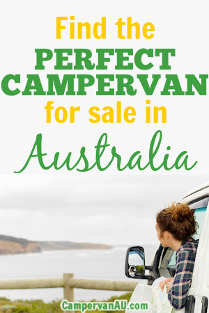 Woman leaning out the window of a van looking at the ocean, with text overlay: Find the perfect campervan for sale in Australia.
