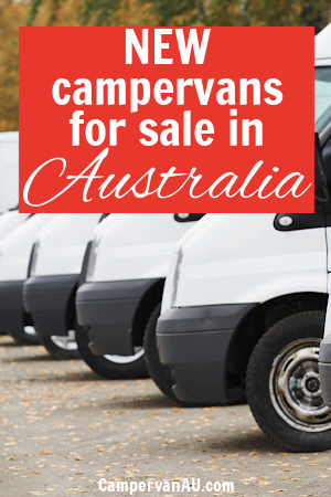 Row of white vans in a car yard with text overlay: New campervans for sale in Australia.