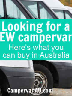 Line of white vans ready for sale, with text: Looking for a new campervan? Here's what you can buy in Australia.