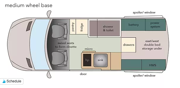 MWB floor plan of the Jacana Seeker campervan.