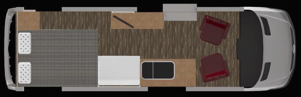 Double bed floor plan of the Latitude Titanium campervan.