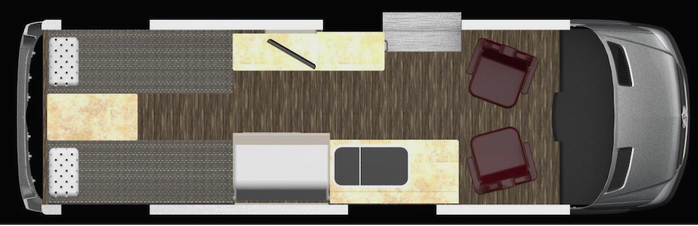 Single bed floor plan of the Latitude Titanium campervan.