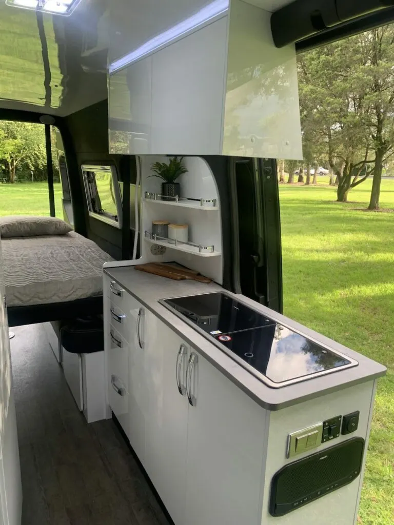 Interior of the Avida Diversion campervan showing the kitchen area.
