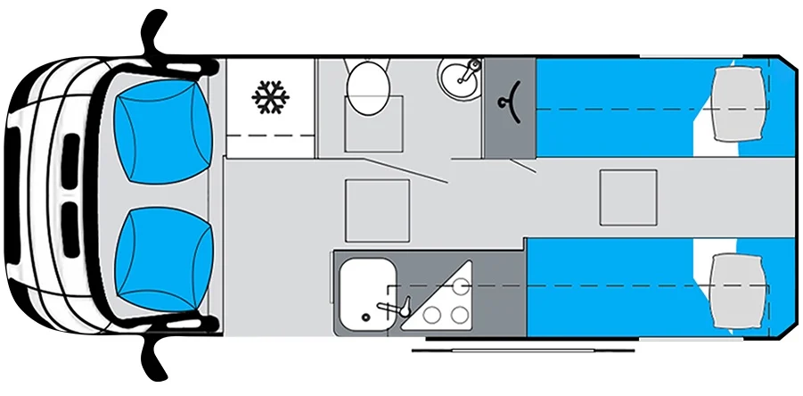 Floor plan of the Emu RV E2S XLWB 
camper van.