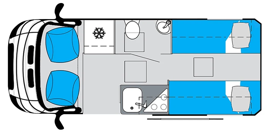 Floor plan of the Emu RV E2S camper van.